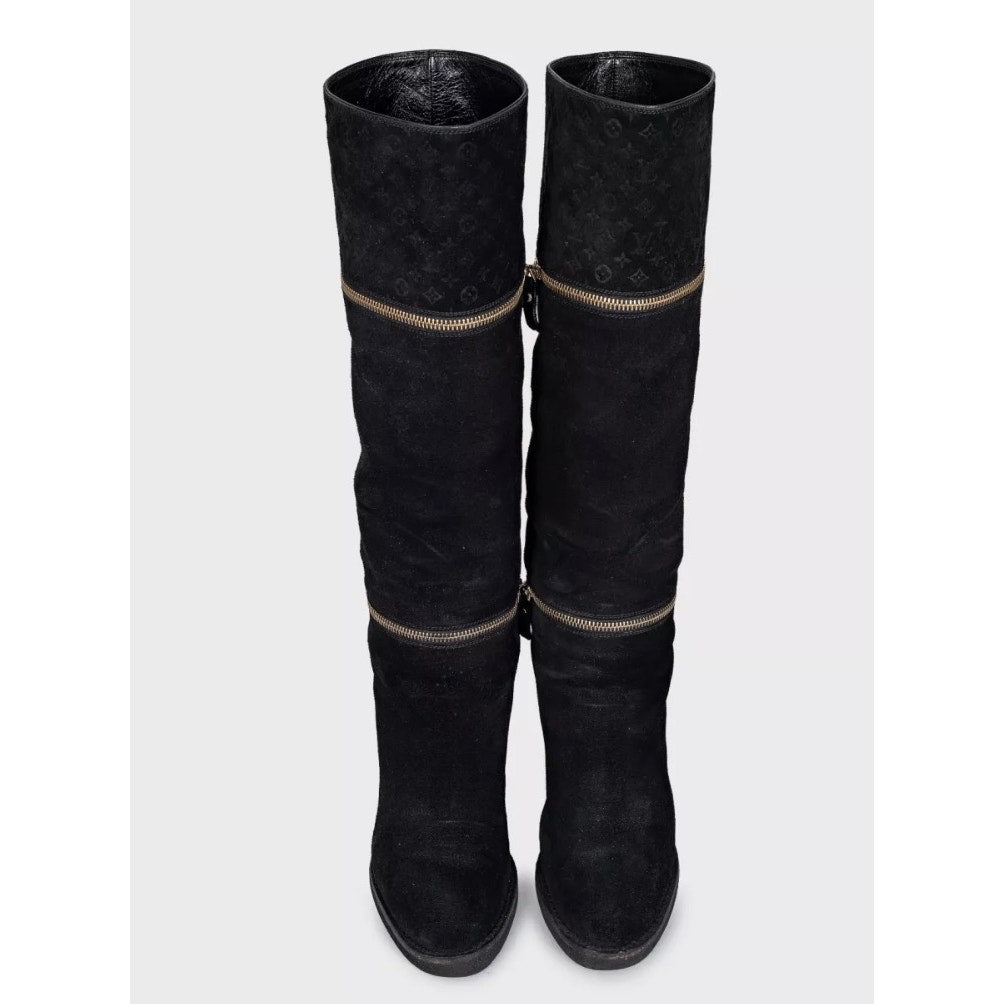 Louis Vuitton Black Suede Wedge Ankle Boots - Size 38.5 Pre-owned
