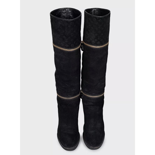 Louis Vuitton Black Suede Wedge Ankle Boots - Size 38.5 Pre-owned