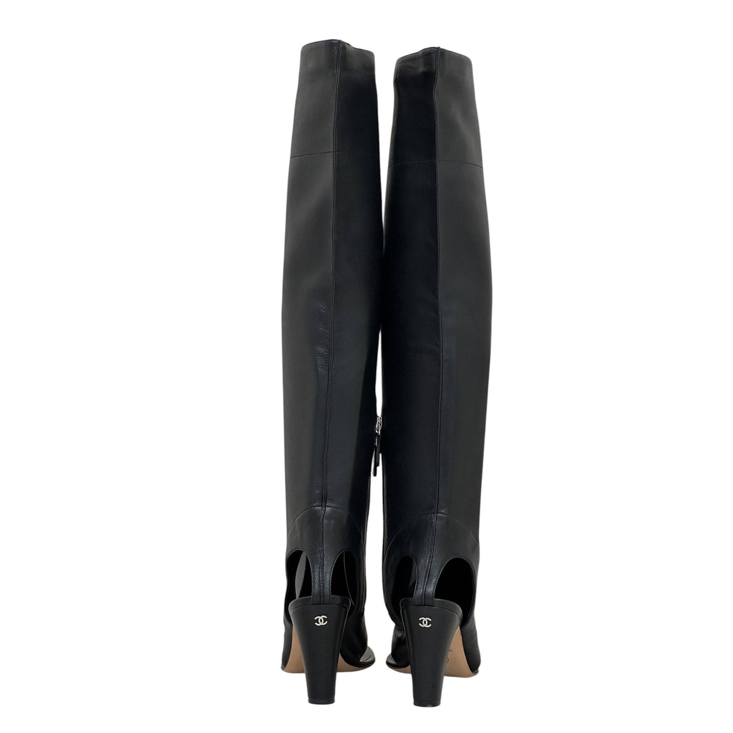 Chanel Black Leather Thong Heeled Sandal Boots 38 Pre-owned