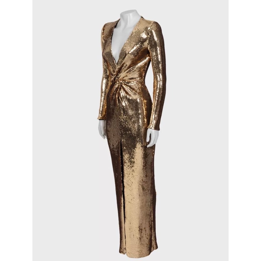 NWOT Nadine Merabi Jennifer Gold Sequin Maxi Dress 34/XS pre-owned