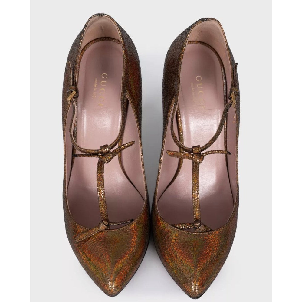 Gucci Brown Leather T-Strap Stiletto Heels Sz.36.5 pre-owned