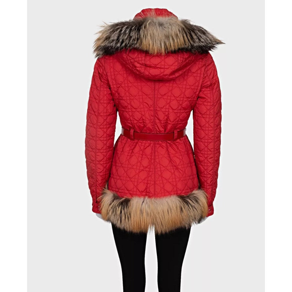 Christian Dior Red Down Coat with Fox Fur Trim - Size 38/M Pre-owned