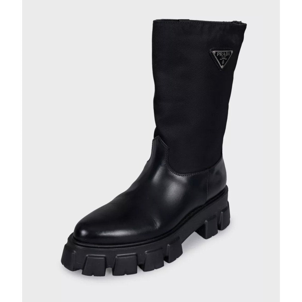 Prada Monolith Black Leather Boots with Silver-Tone Logo - EU 39 Pre-owned