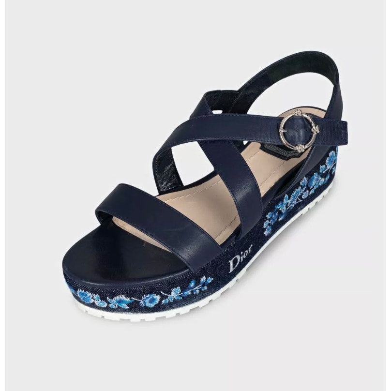Christian Dior Embroidered Leather Platform Sandals Sz.38 pre-owned