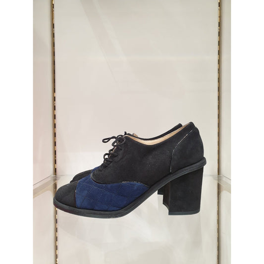 Chanel Blue Black Suede CC Block Heel Oxford Booties 38 Pre-owned