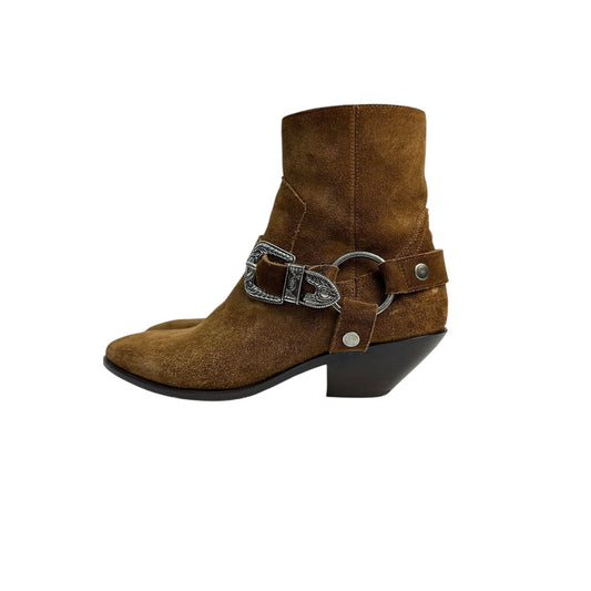 SAINT LAURENT Brown Suede WEST HARNESS Western Ankle Boots Sz.38.5 Pre-owned