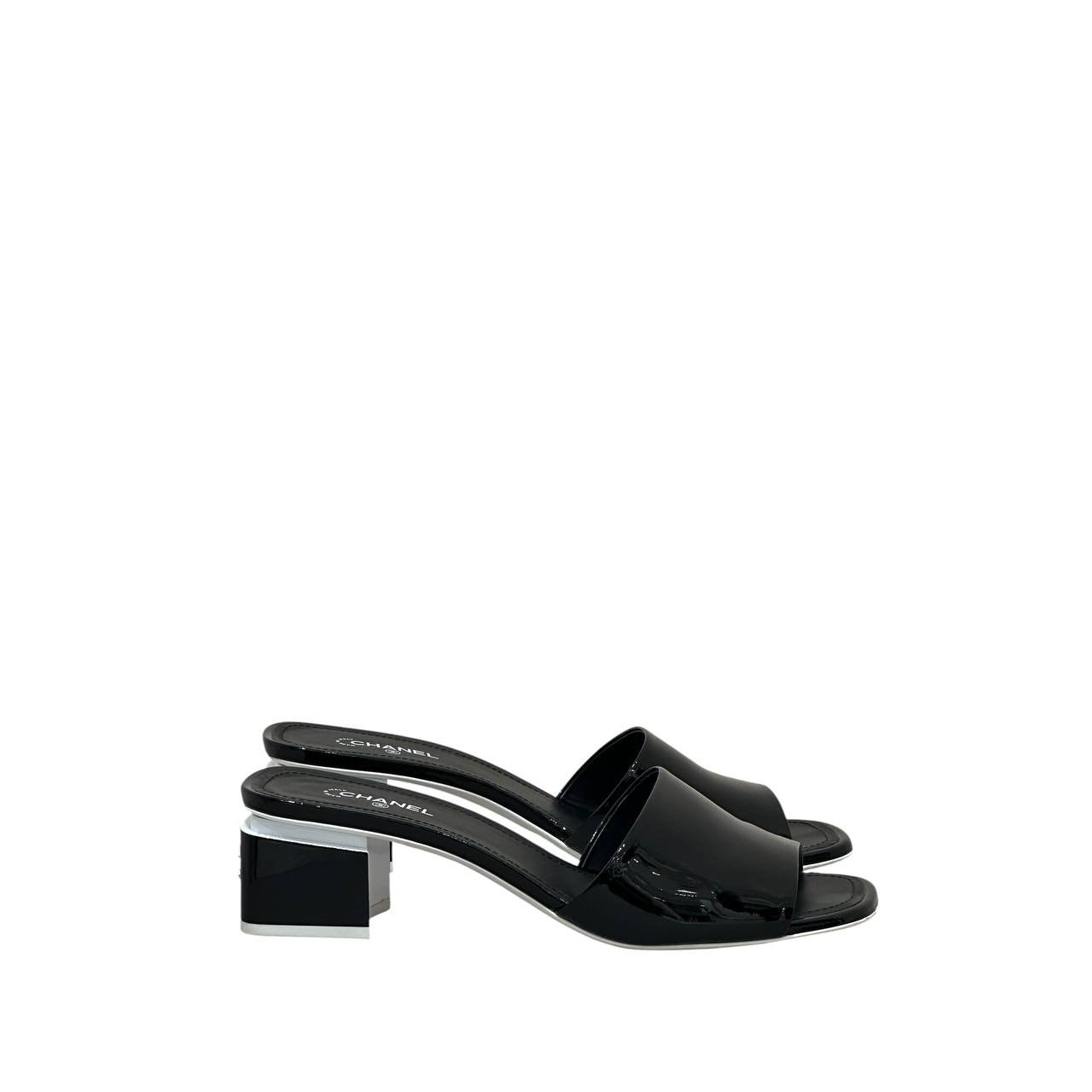 Chanel Black Patent Leather Heeled Mules - Size 41 Pre-owned