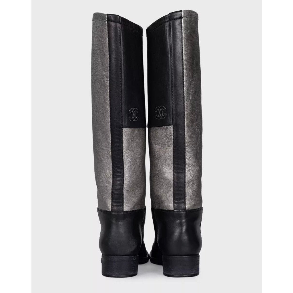 Chanel Silver & Black Leather Ankle Boots - Size 38 pre-owned