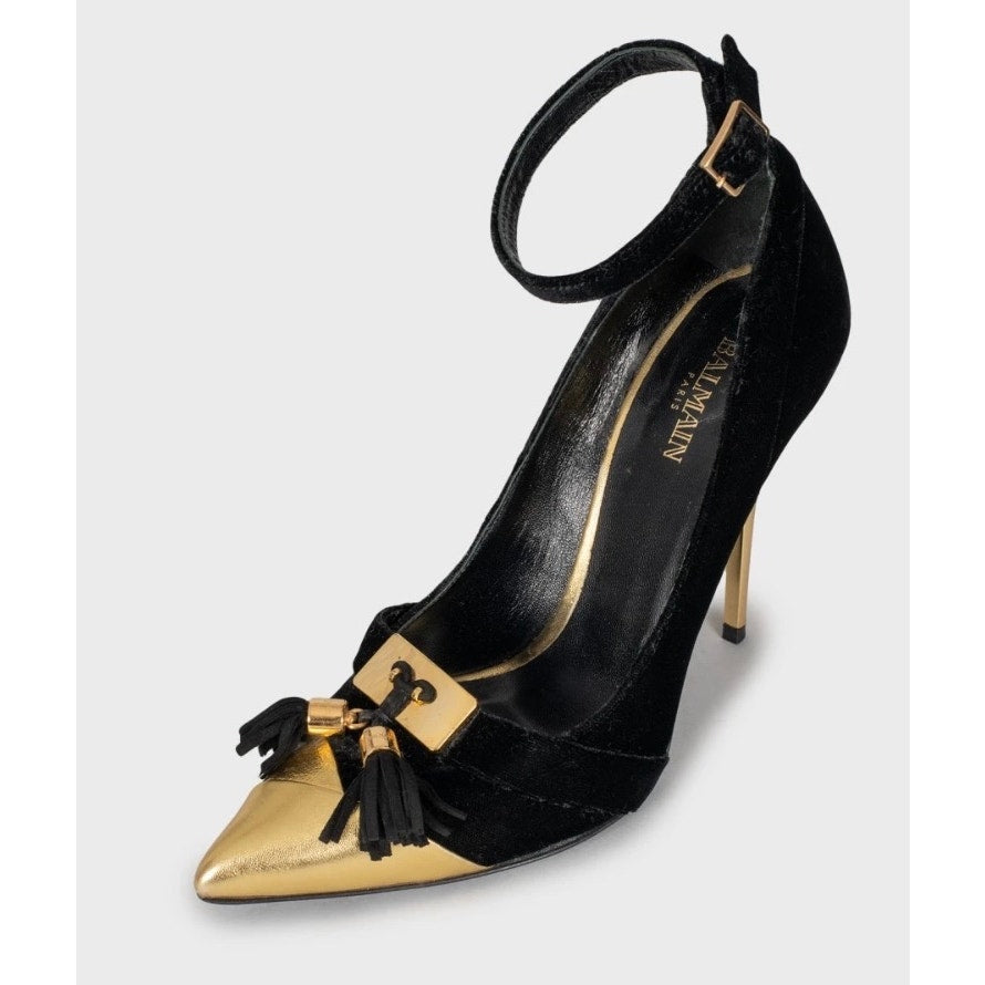 Balmain Black Velvet Pumps with Gold Heels Sz.38.5 pre-owned