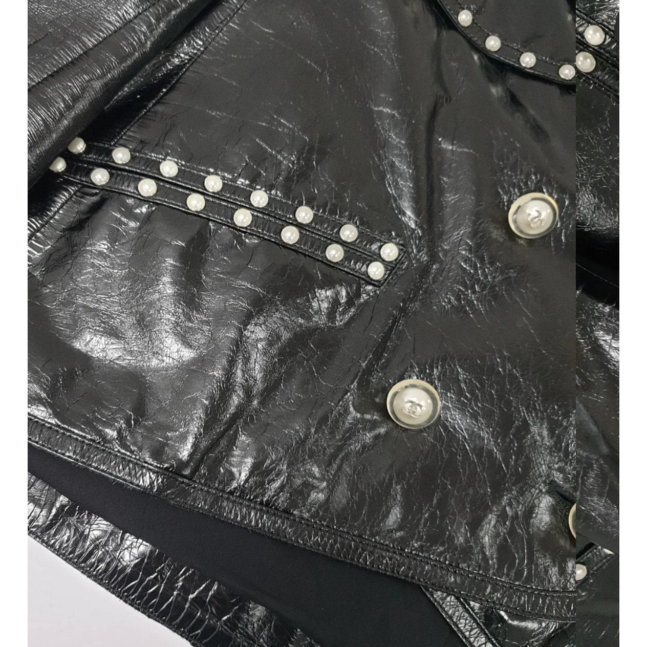 Chanel Black Leather Pearl Studded Jacket - Size 40 pre-owned