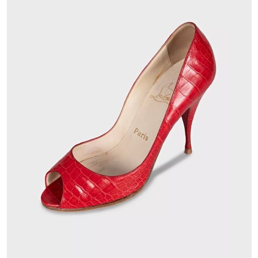 Christian Louboutin Red Embossed Leather Open Toe Heels Sz.39,5 Pre-owned