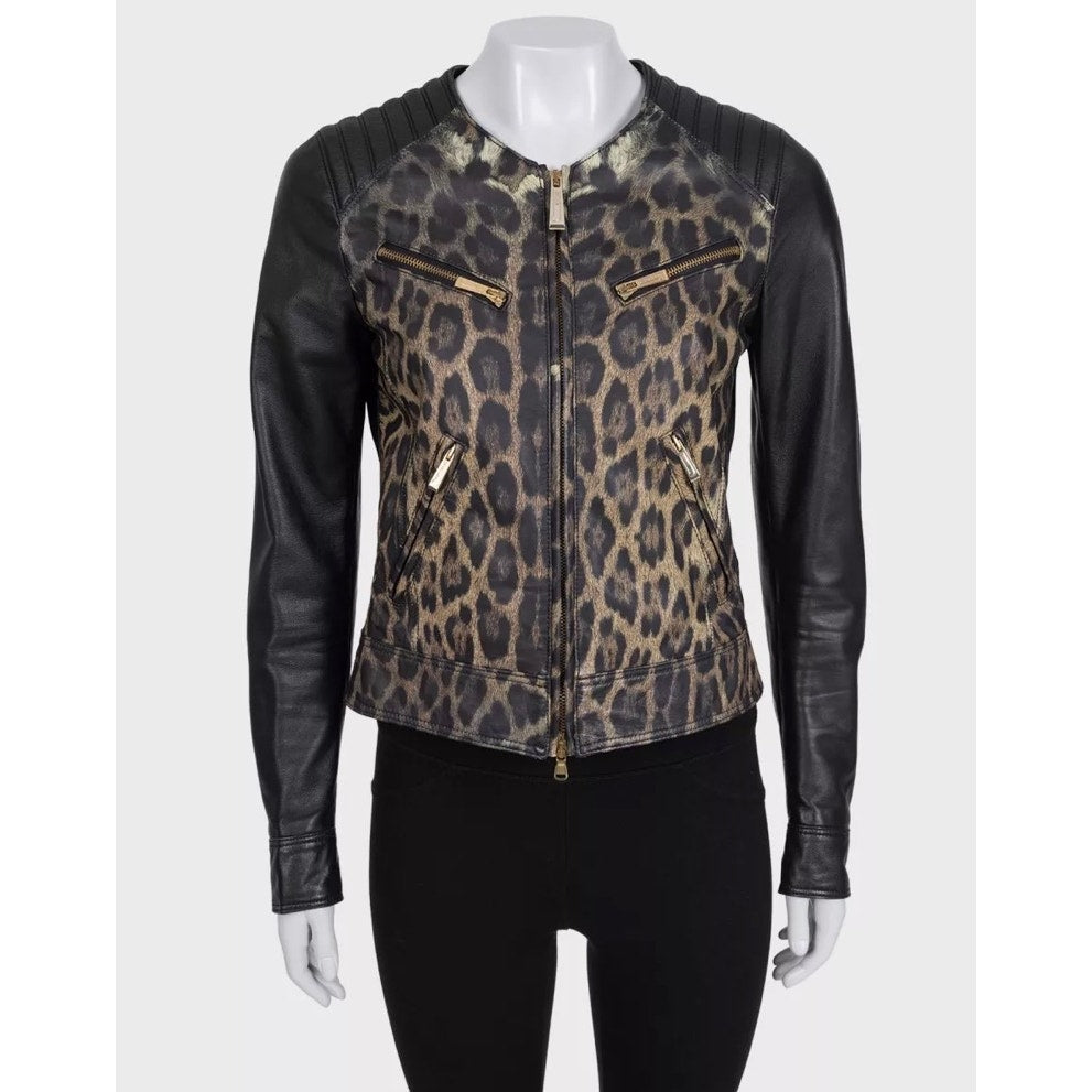 Just Cavalli Chic Animal Print Leather Jacket IT 42 Pre-owned