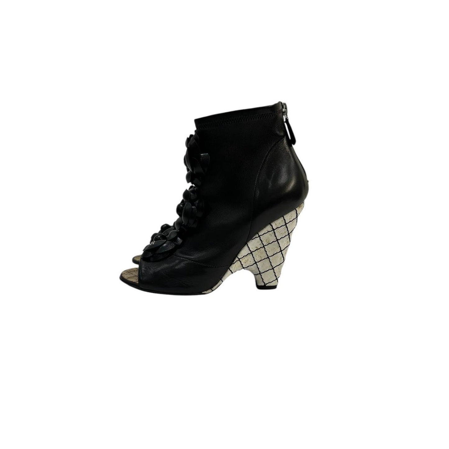 Chanel Open-Toe Leather  Floral Appliqué Sculpted Wedge Heel Booties Sz. 38.5 Pre-owned