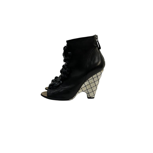 Chanel Open-Toe Leather  Floral Appliqué Sculpted Wedge Heel Booties Sz. 38.5 Pre-owned