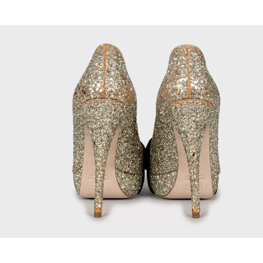 Miu Miu Gold Leather Peep-Toe Heels with Velvet Bow Sz.38 pre-owned