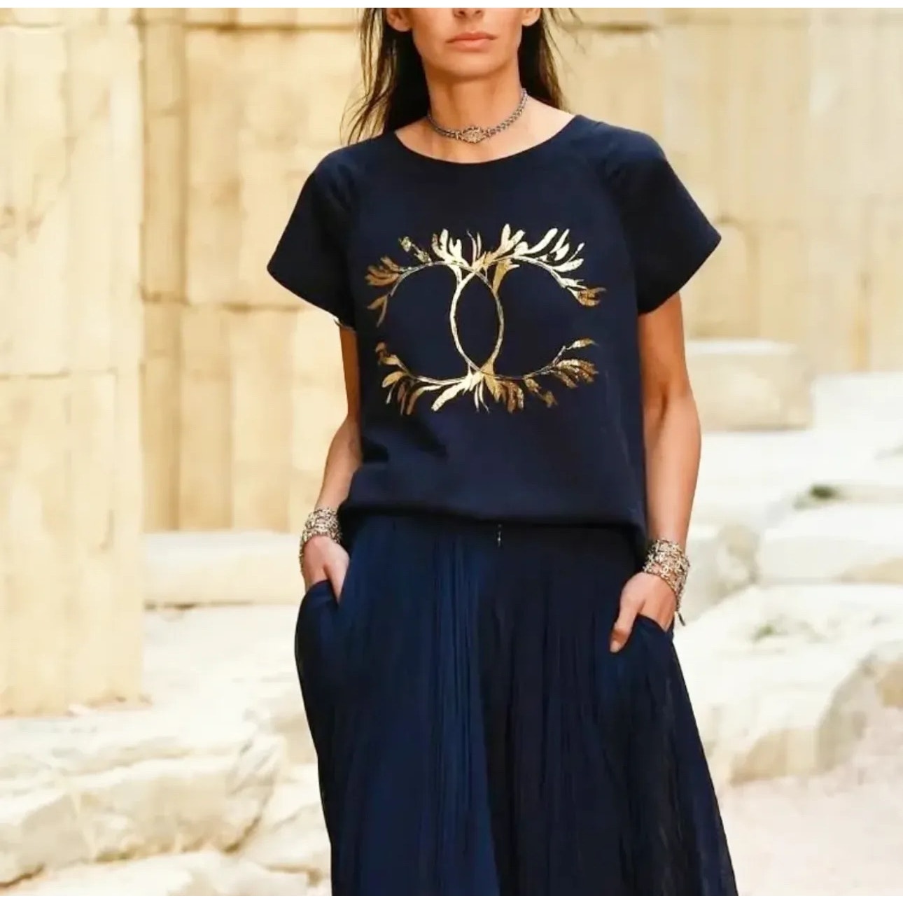 Chanel Navy Blue Grecian Goddess CC Print Cotton T-Shirt Sz.S pre-owned