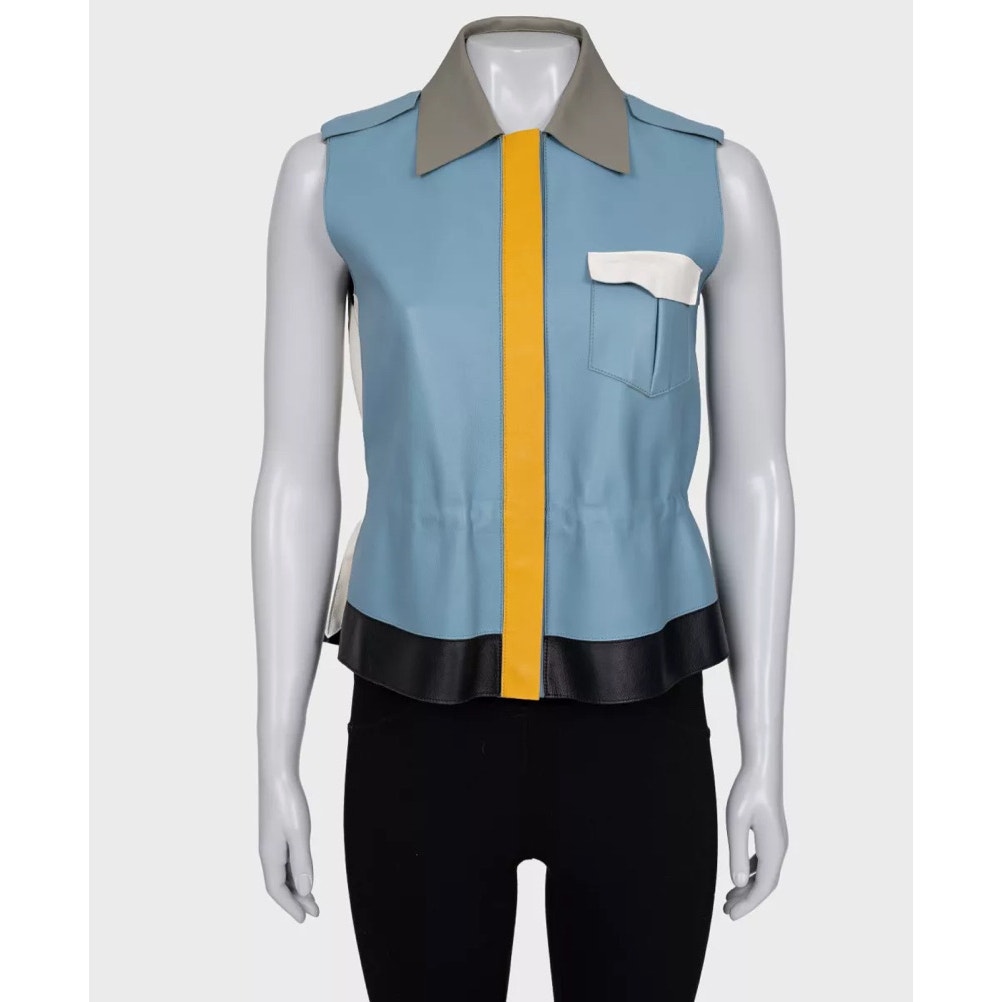 Fendi Blue Leather Multicolor Vest, Size IT40/S Pre-owned