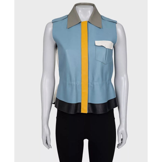 Fendi Blue Leather Multicolor Vest, Size IT40/S Pre-owned