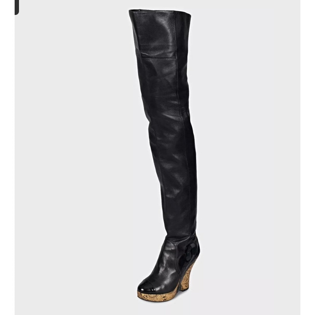 Chanel Paris-Moscow Black Leather Over-the-Knee Wedge Boots - Size 37.5 Pre-owned