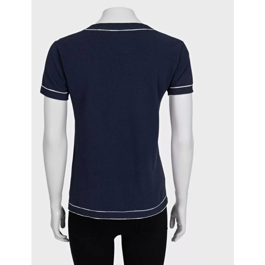 CHANEL Blue Cotton T-Shirt with White Contrast Trim Sz.38 Pre-owned