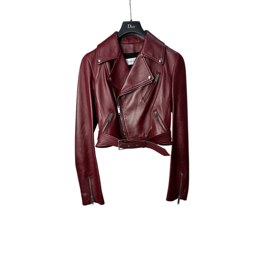 Christian Dior Burgundy Leather Biker Jacket Sz.38 Pre-owned