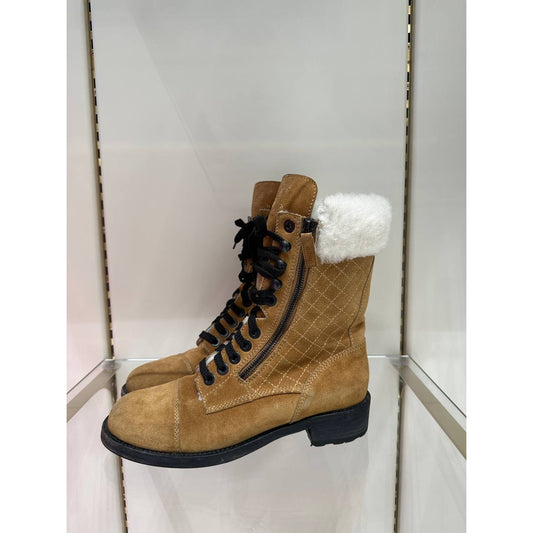 CHANEL 2012 Brown Suede Mid-Calf Combat Boots Size 38.5 pre-owned