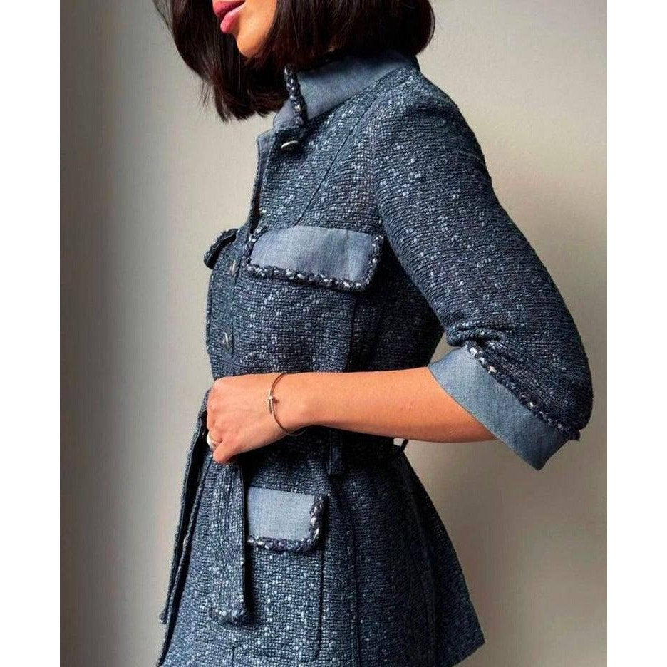 Chanel Spring 2012 Blue Tweed & Denim Belted Jacket FR 38 Pre-owned