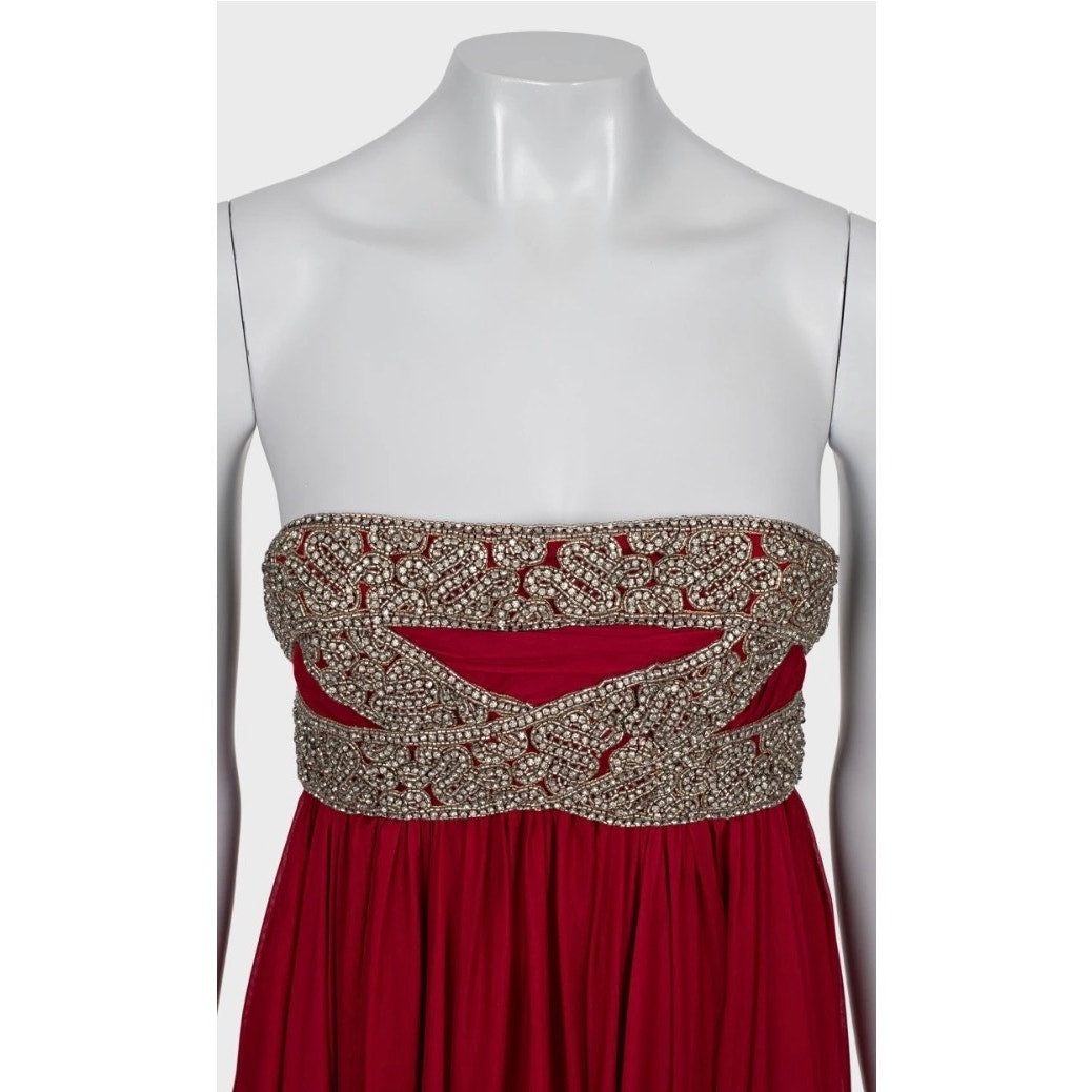 Marchesa Red Silk Crystal Embellished Maxi Dress Sz 6/M pre-owned
