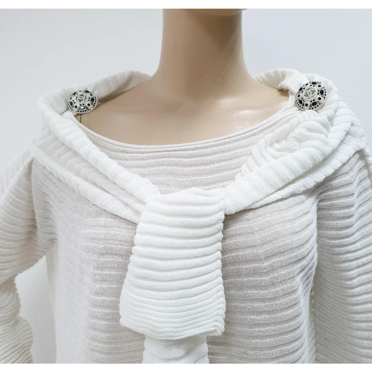 CHANEL Jewel Button Brooch Pin Ottoman Open Knit Stripe Shoulder Tie Sweater Top Sz.48 Pre-owned
