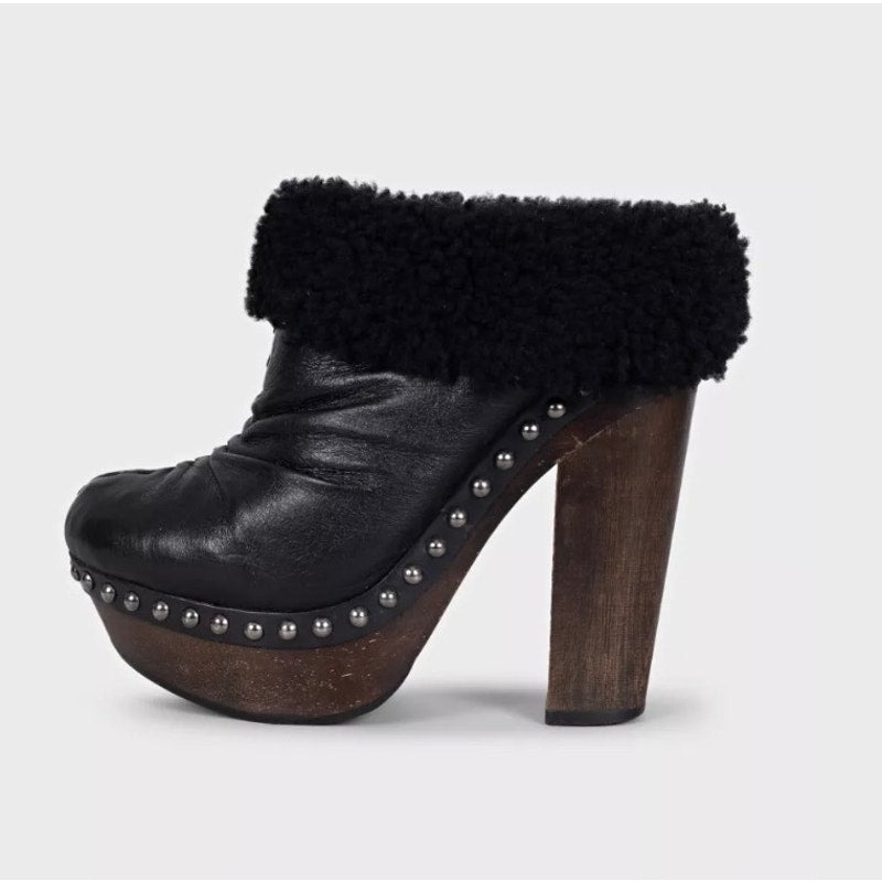 Miu Miu Black Leather Ankle Boots with Wooden Block Heel Size 36 Pre-owned