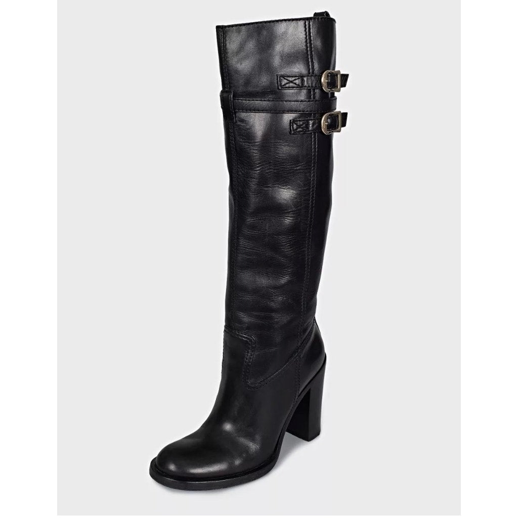 Gucci Black Leather Round Toe Stacked Heel Boots Sz.39.5 Pre-owned