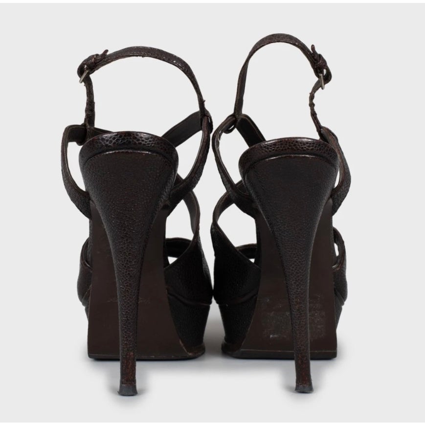 Vintage Saint Laurent Brown Embossed Leather Wedge Sandals Sz.37 Pre-owned