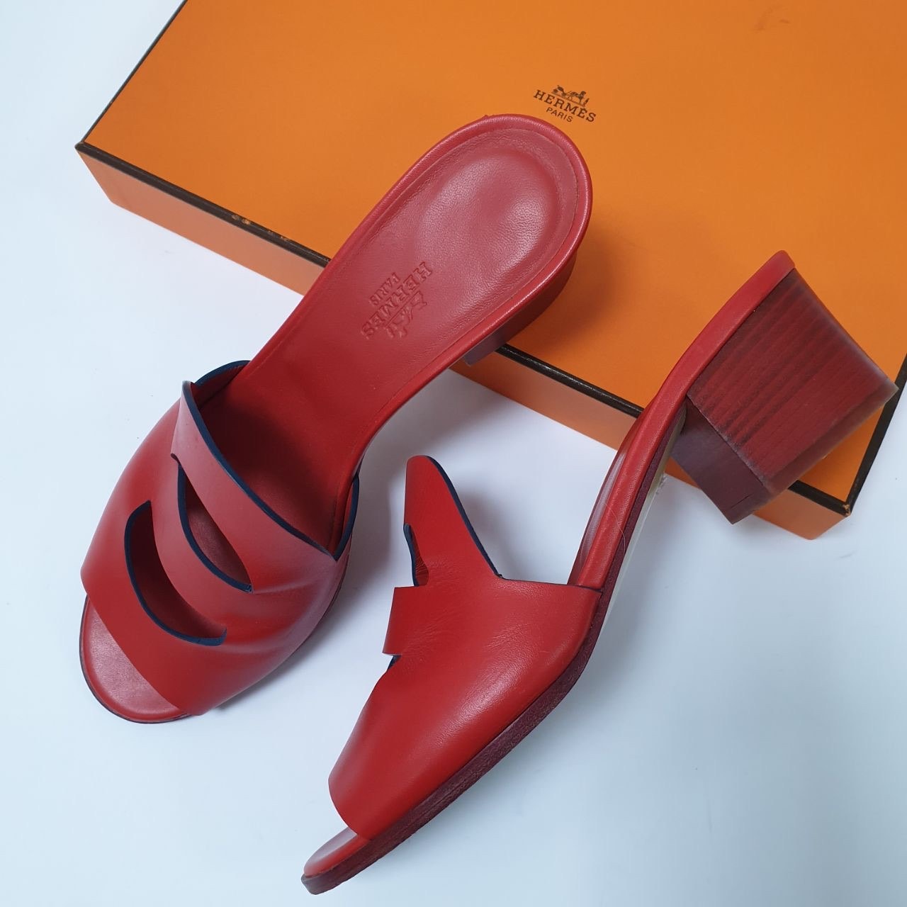 Hermes Red Leather Mona Block Heel Slide Sandals Sz.38 pre-owned