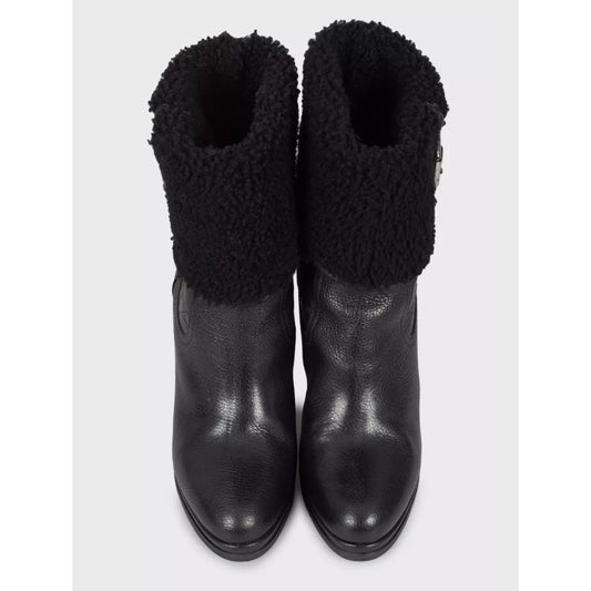 Christian Dior Black Leather Shearling Wedge Boots - Size 40 pre-owned