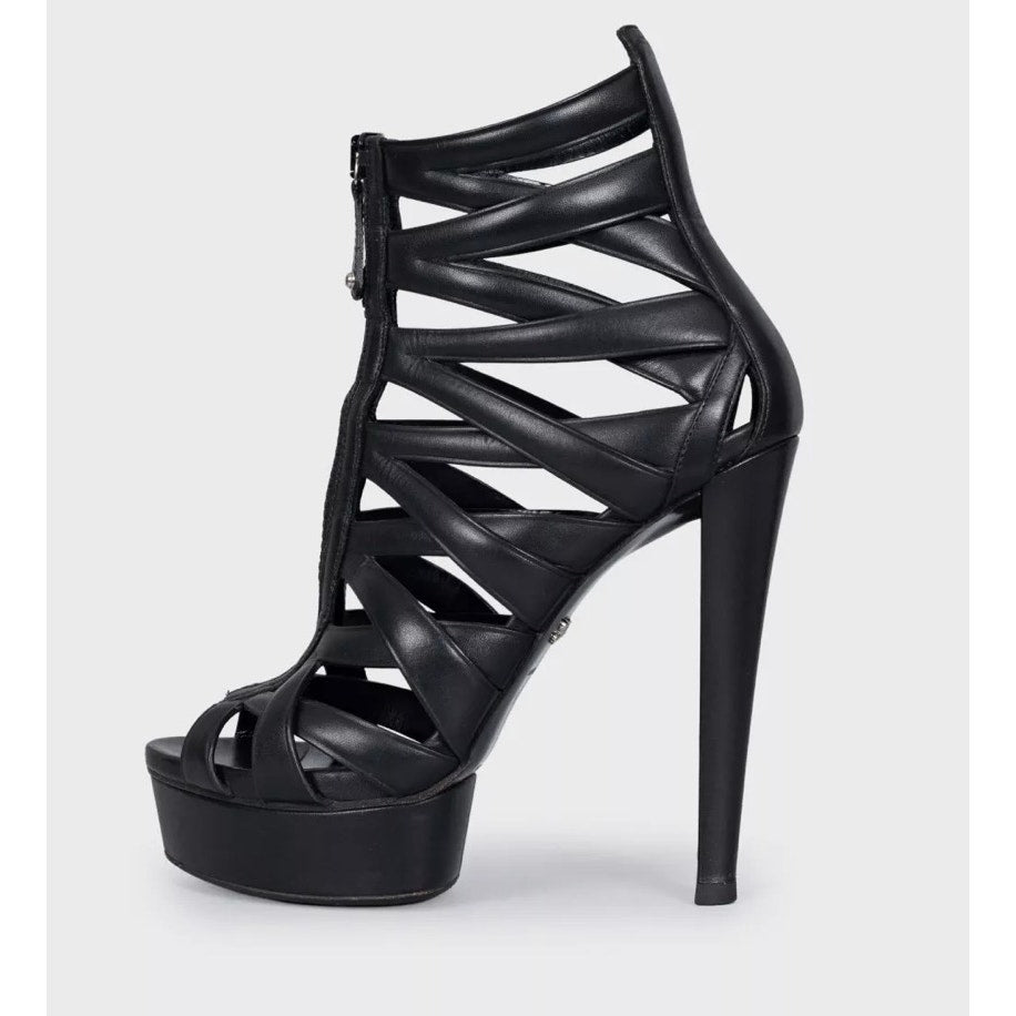 Gucci Black Leather Front-Zip High Heel Sandals - Size 38 Pre-owned