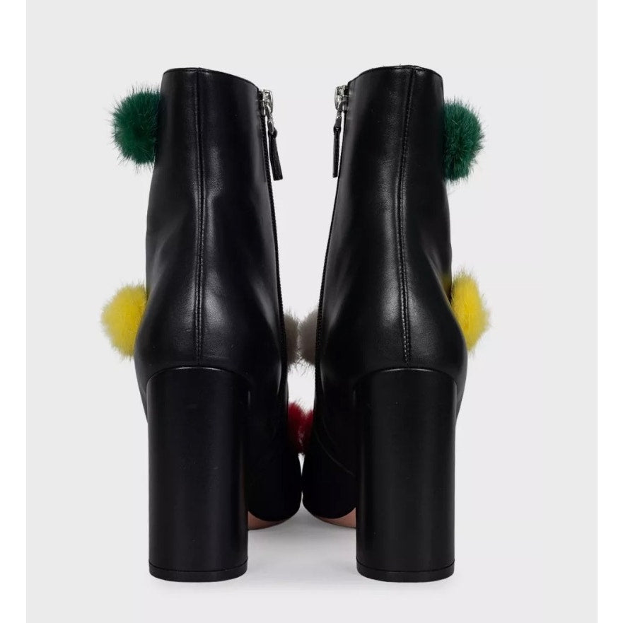 NWB Fendi Black Leather Ankle Boots Fur Pompom EU 39.5 Pre-owned