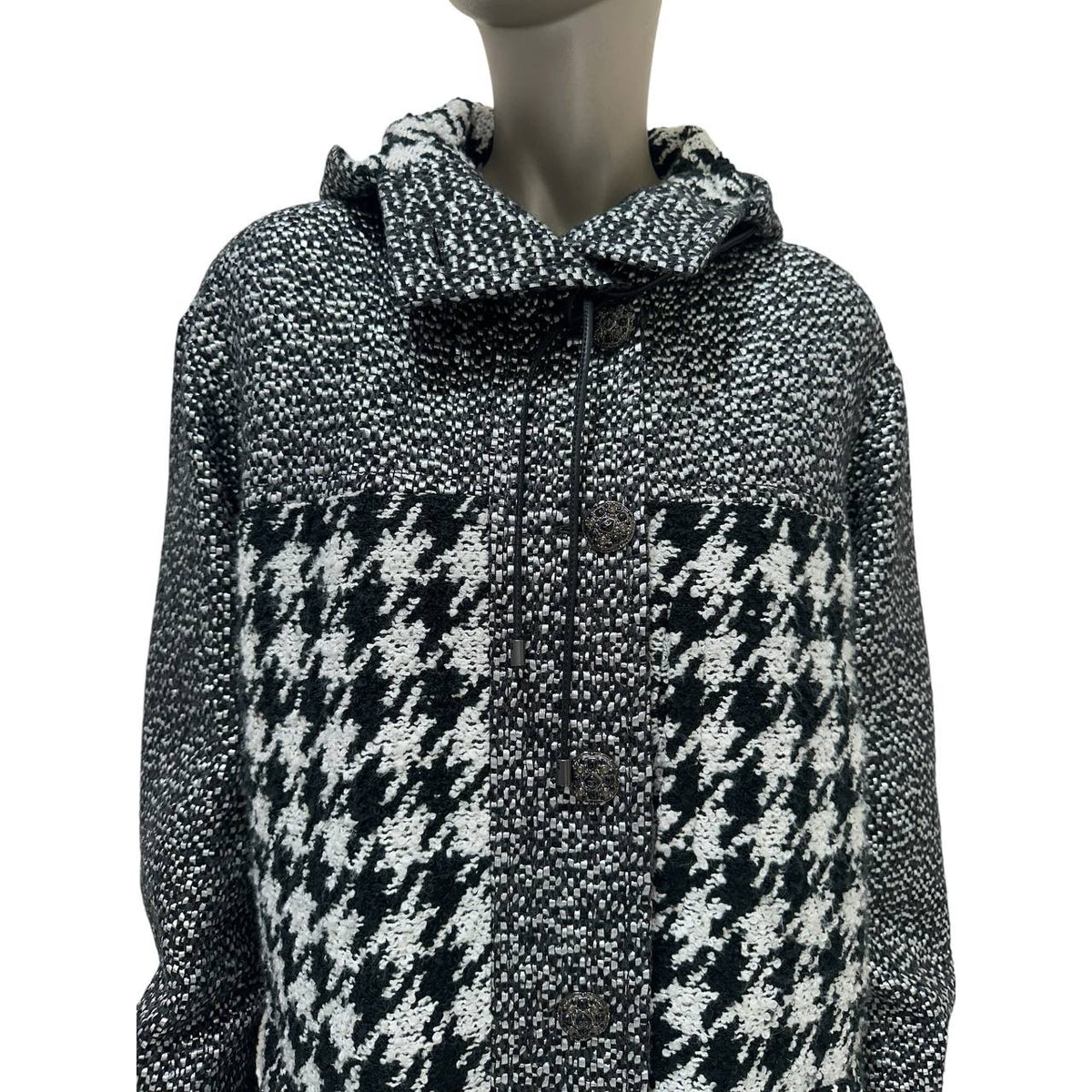 Chanel Black White Houndstooth Tweed Hooded Coat Sz.38 Pre-owned