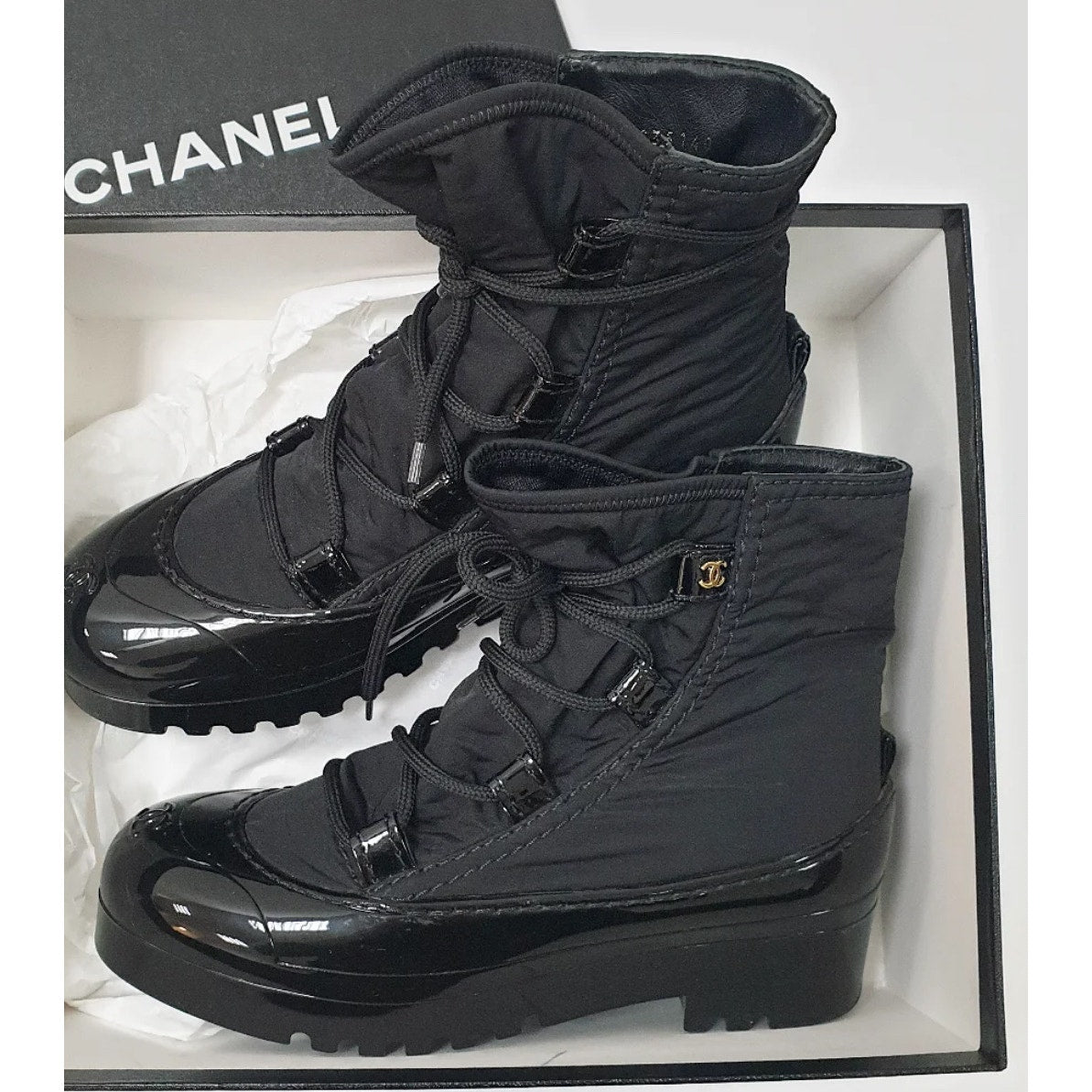Chanel Black Rubber Nylon Ankle Boots CC Logo Size 38 Pre-owned