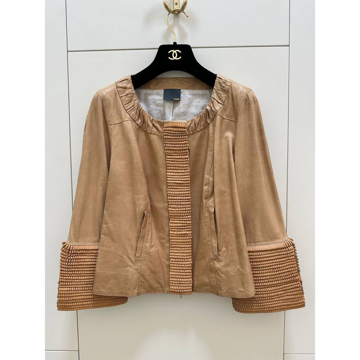 Fendi Beige Leather Jacket Woven Sleeves IT 42 Pre-owned