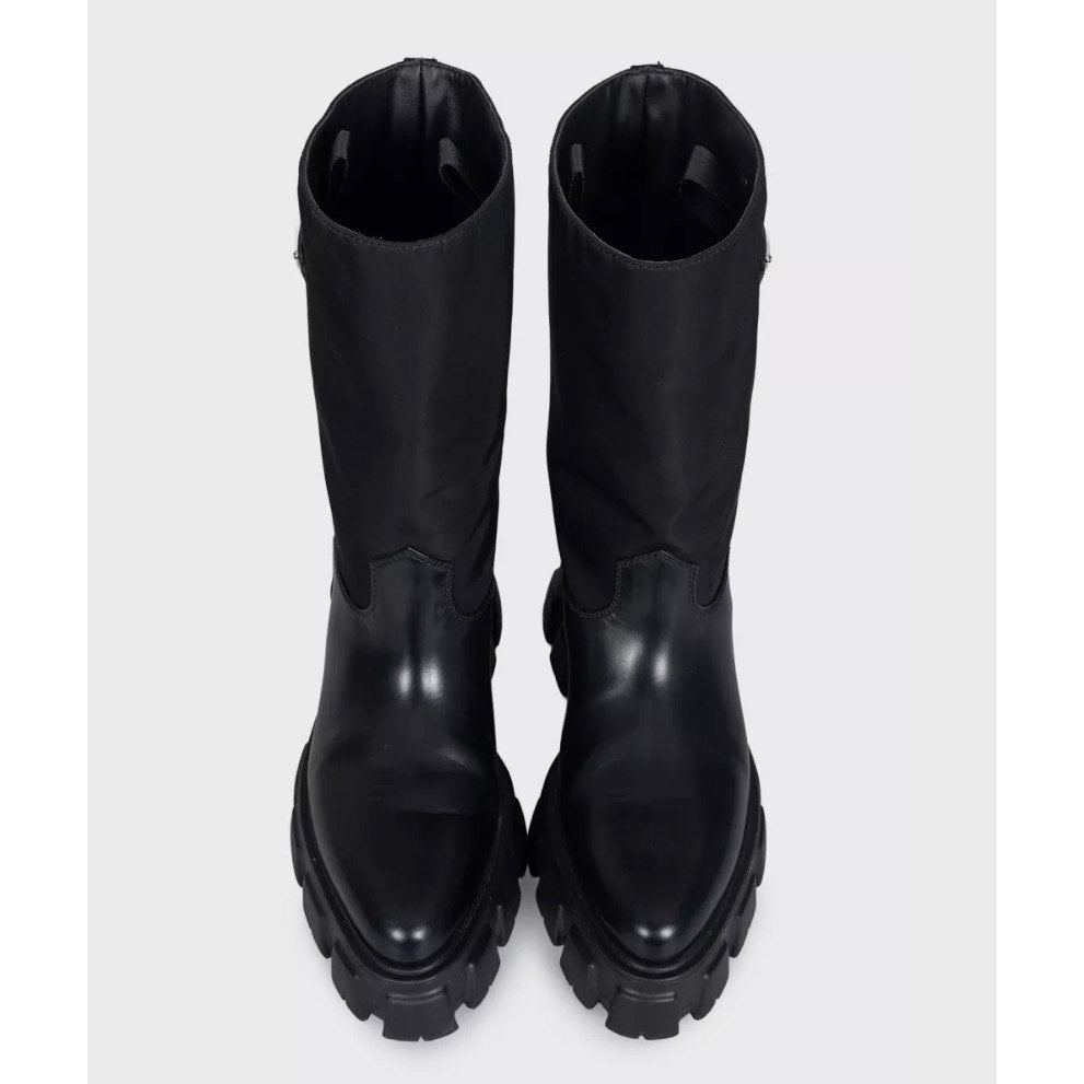 Prada Monolith Black Leather Boots with Silver-Tone Logo - EU 39 Pre-owned