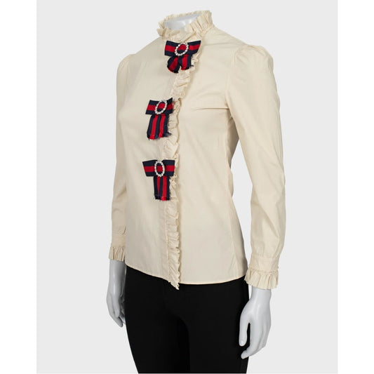 Gucci Crystal Bow Beige Cotton Shirt - Size XS (IT 38) pre-owned