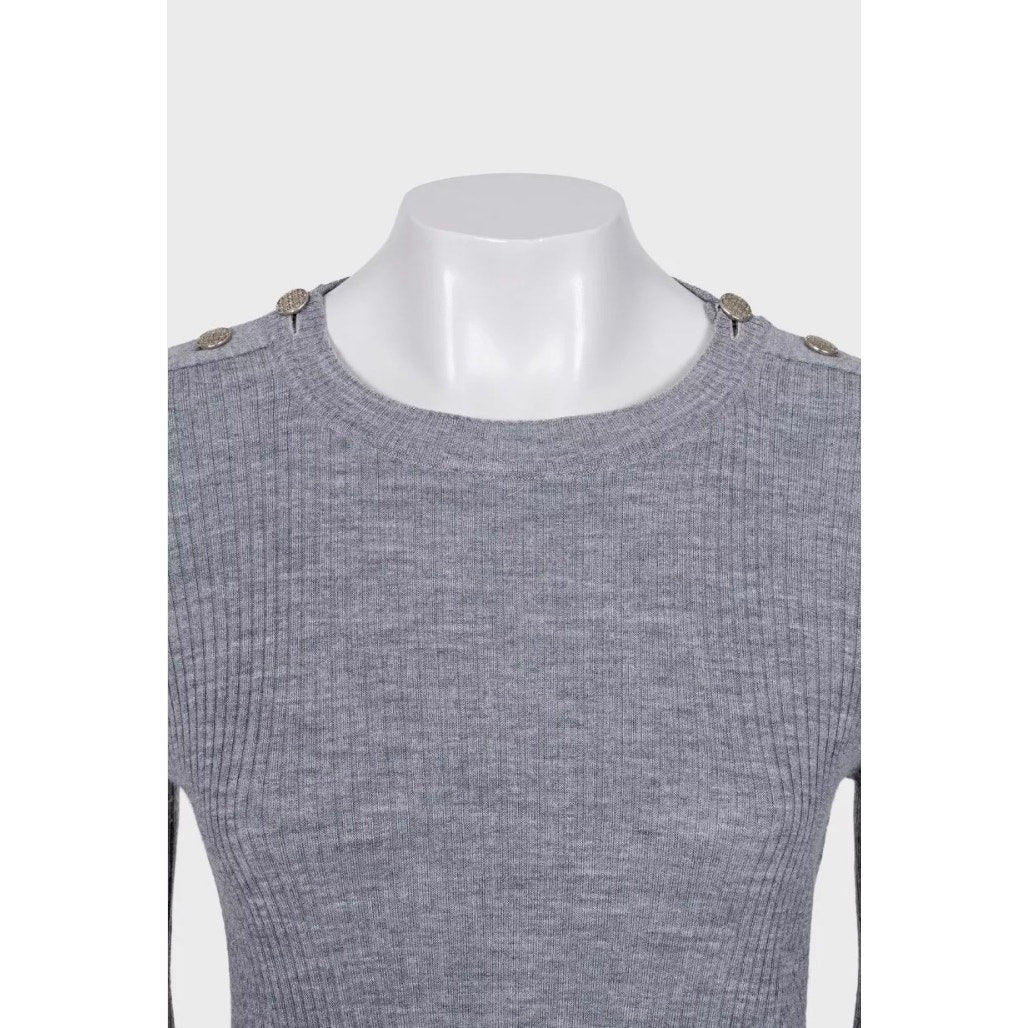 Chanel Fitted Gray Sweater with Signature Buttons Sz.44 Pre-owned