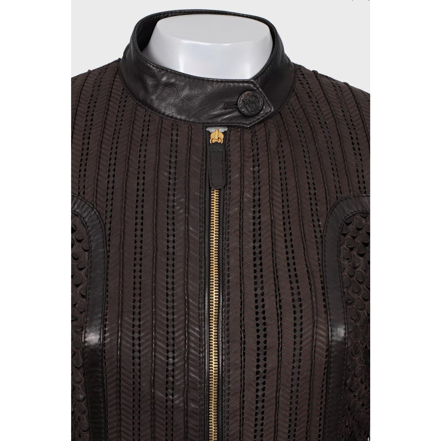 Roberto Cavalli Brown Perforated Leather Jacket - IT40/S pre-owned