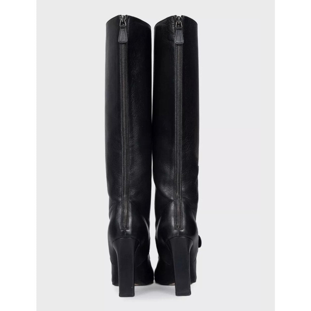 CHANEL Black Leather Silver CC Logo Knee High Boots 38.5 Pre-owned