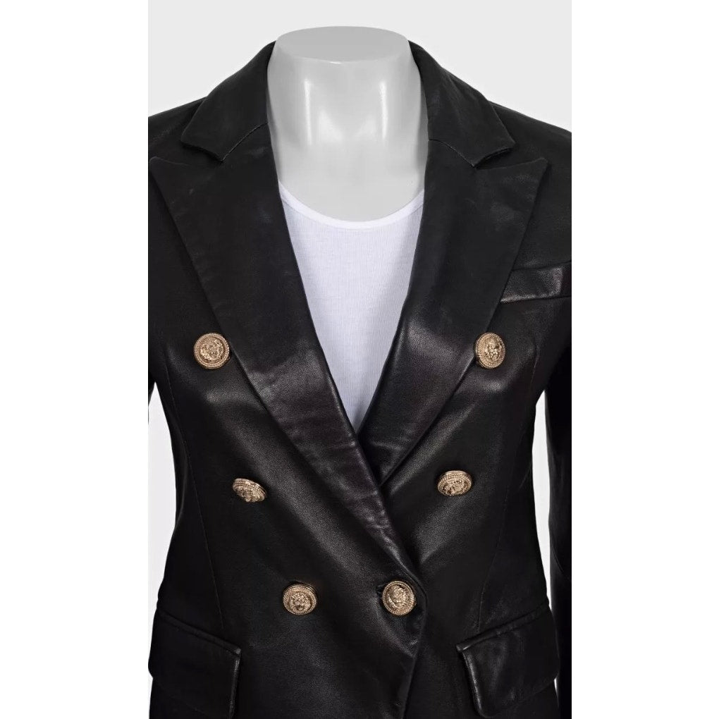 Balmain Black Leather Double-Breasted Jacket Sz.40 Pre-owned