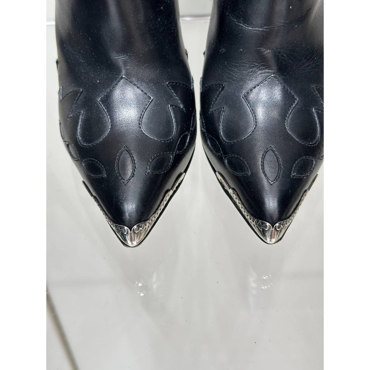 Saint Laurent Black Leather Peep-Toe Western Ankle Boots Sz.37 Pre-owned