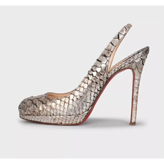 Christian Louboutin Silver Lambskin Slingback Heels Sz.37 pre-owned