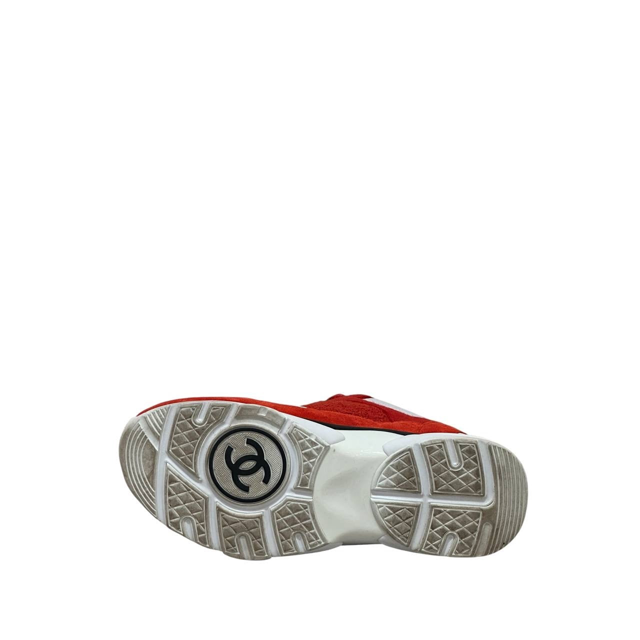 Chanel CC Logo Red Suede & Tweed Sneakers Size 39.5 Pre-owned