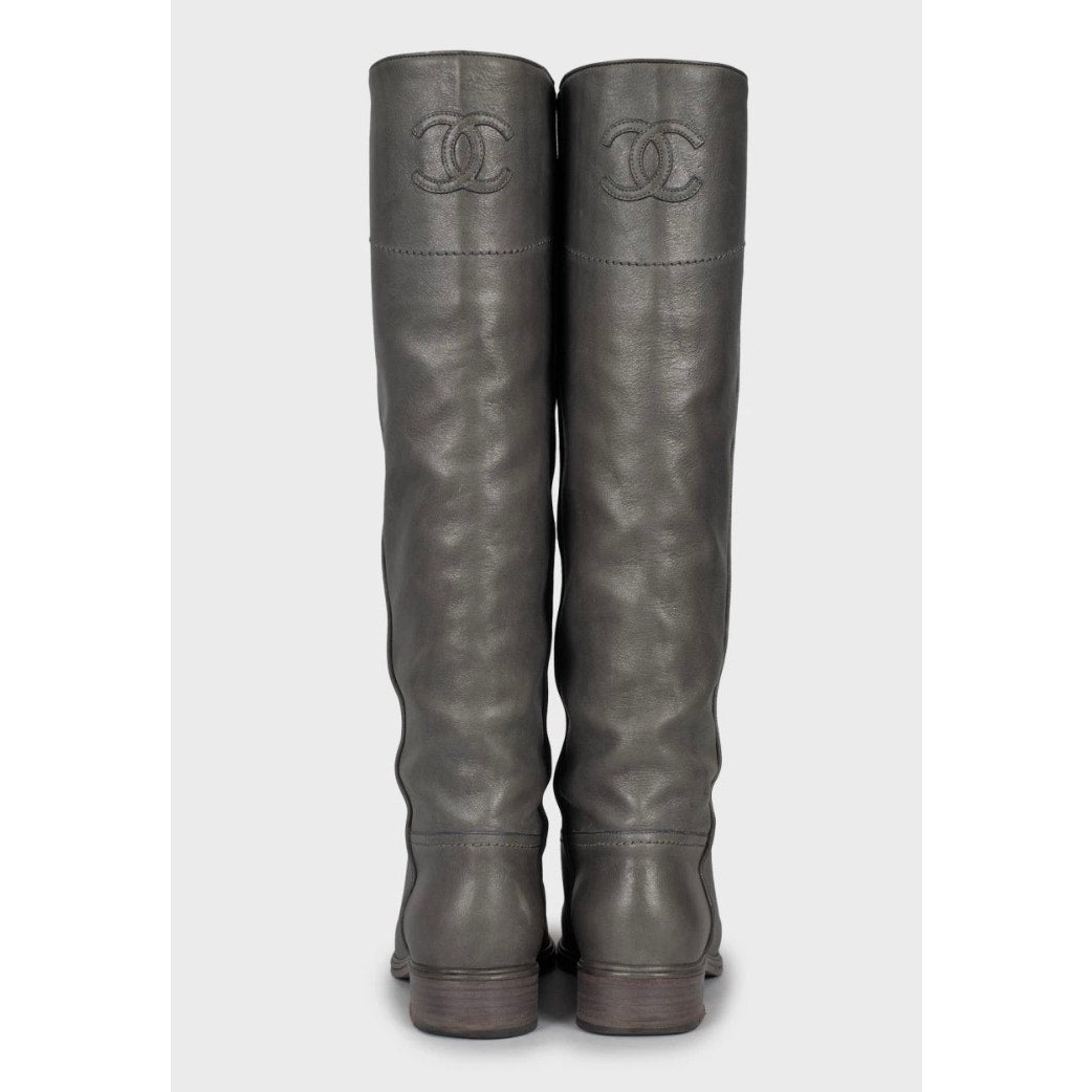 Chanel Grey Iconic Logo Leather Boots - EU 37.5 Pre-owned