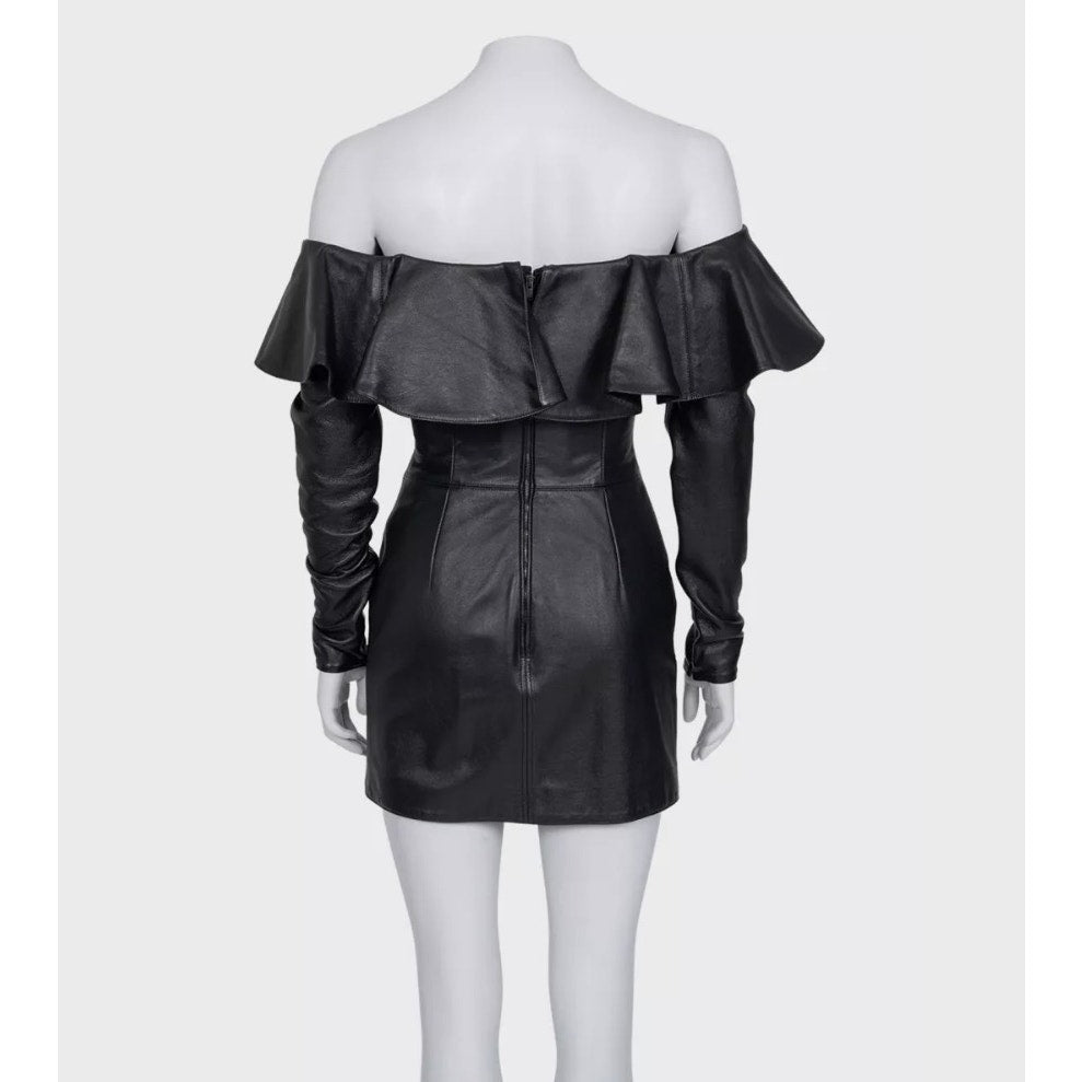Saint Laurent Black Leather Off-Shoulder Dress Sz.38/M Pre-owned